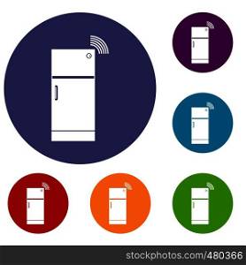 Fridge icons set in flat circle red, blue and green color for web. Fridge icons set