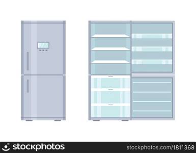 Fridge. Open and closed refrigerator with freezer. Empty fridge with door and shelf for kitchen. Inside modern machine for storage and cold of products. Cartoon illustration in flat stele. Vector.. Fridge. Open and closed refrigerator with freezer. Empty fridge with door and shelf for kitchen. Inside modern machine for storage and cold of products. Cartoon illustration in flat stele. Vector