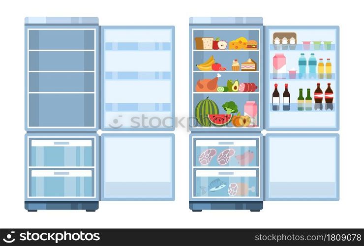 Fridge. Open empty refrigerator and with products, healthy food water and milk, fruit and vegetable, alcohol and meat, electronic equipment for products vector cartoon flat style isolated illustration. Fridge. Open empty refrigerator and with products, healthy food water and milk, fruit and vegetable, alcohol and meat, electronic equipment for products. Vector cartoon flat isolated illustration
