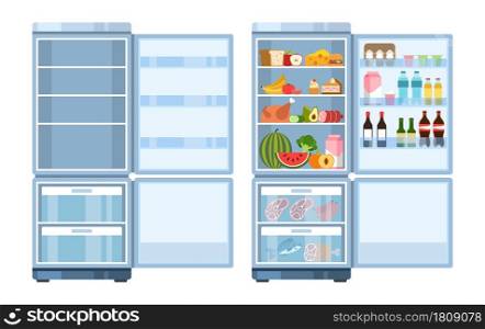 Fridge. Open empty refrigerator and with products, healthy food water and milk, fruit and vegetable, alcohol and meat, electronic equipment for products vector cartoon flat style isolated illustration. Fridge. Open empty refrigerator and with products, healthy food water and milk, fruit and vegetable, alcohol and meat, electronic equipment for products. Vector cartoon flat isolated illustration