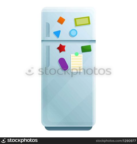 Fridge with magnetic stickers icon. Cartoon of fridge with magnetic stickers vector icon for web design isolated on white background. Fridge with magnetic stickers icon, cartoon style