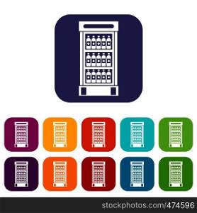 Fridge with refreshments drinks icons set vector illustration in flat style In colors red, blue, green and other. Fridge with refreshments drinks icons set