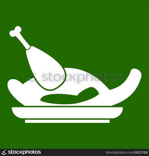 Fried chicken icon white isolated on green background. Vector illustration. Fried chicken icon green