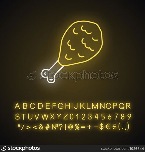 Fried chicken leg neon light icon. Glowing sign with alphabet, numbers and symbols. Grilled hen meat vector isolated illustration. Unhealthy nutrition, fat food, barbecue. Tasty lunch, harmful eating