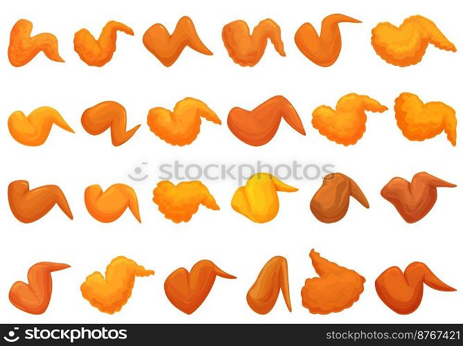 Fried chicken wings icons set cartoon vector. Roast spicy. Dish meat. Fried chicken wings icons set cartoon vector. Roast spicy