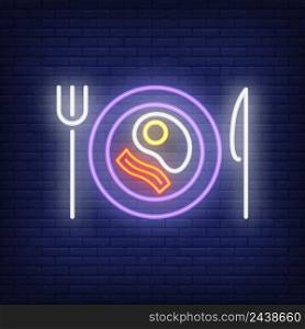 Fried egg and bacon on plate with knife and fork neon sign. Breakfast, morning. Advertisement design. Night bright neon sign, colorful billboard, light banner. Vector illustration in neon style.