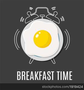 Fried egg and outline alarm clock. Concept for breakfast menu, cafe, restaurant. Food background. Vector illustration in flat style. Fried egg and outline alarm clock,