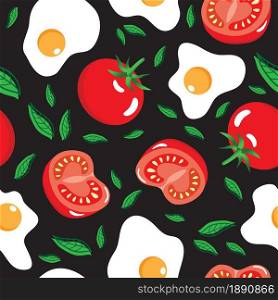 Fried egg and tomato fruit whole and half slice on black background seamless pattern. Vector illustration.