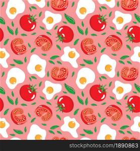 Fried egg and tomato fruit whole and half slice on pink background seamless pattern. Vector illustration.