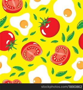 Fried egg and tomato fruit whole and half slice on yellow background seamless pattern. Vector illustration.