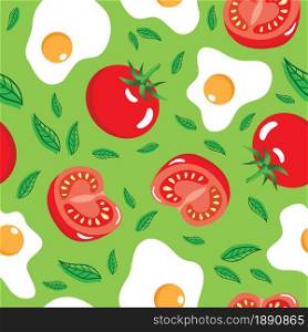 Fried egg and tomato fruit whole and half slice on yellow background seamless pattern. Vector illustration.