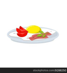 Fried egg. Delicious omelet with vegetables. Tasty Tomato, greens and bacon on scrambled egg. Breakfast on white plate. Cartoon flat illustration. Fried egg. Delicious omelet with vegetables.