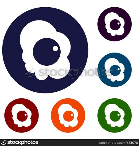 Fried egg icons set in flat circle reb, blue and green color for web. Fried egg icons set