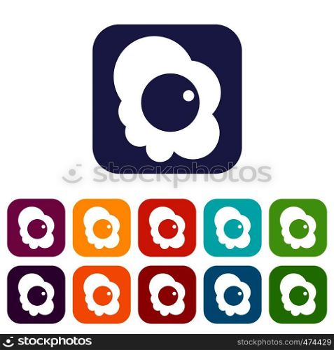 Fried egg icons set vector illustration in flat style In colors red, blue, green and other. Fried egg icons set