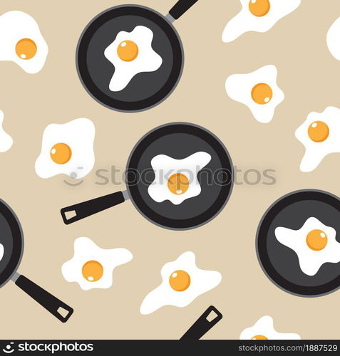 Fried egg in a frying pan on beige background. Vector illustration.