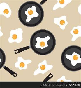 Fried egg in a frying pan on beige background. Vector illustration.