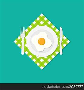 Fried egg on plate. Food with knife and fork on table. Breakfast with green napkin. Illustration for menu, lunch, restaurant and delicious. Tablecloth for kitchen. Flat icon for healthy food. Vector.