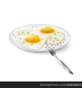 Fried eggs breakfast on plate with fork realistic isolated on white background vector illustration