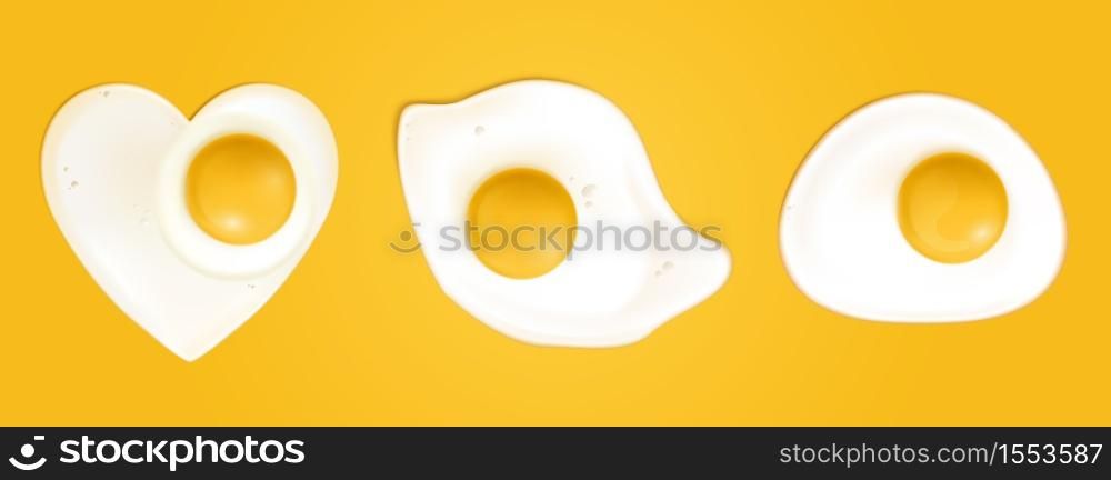 Fried eggs different shapes isolated on yellow background. Vector realistic illustration of omelette top view. Romantic breakfast with eggs with yolk and protein in shape of heart. Fried eggs in heart shape top view