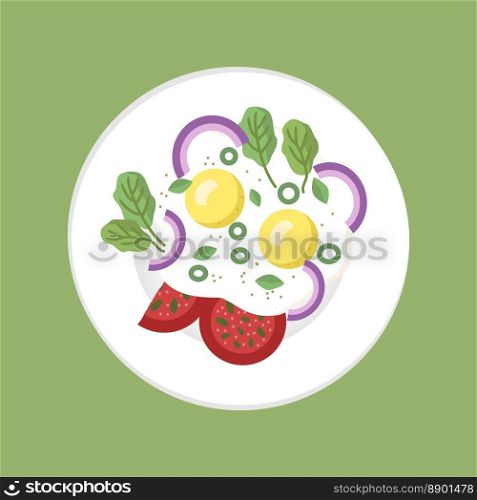 Fried eggs on plate. Fast food. Cooking lunch, dinner, breakfast. Natural product. Cooked omelet. Scrambled eggs. EPS10 vector illustration.. Fried eggs on plate. Fast food. Cooking lunch, dinner, breakfast. Natural product. Cooked omelet. Scrambled eggs.