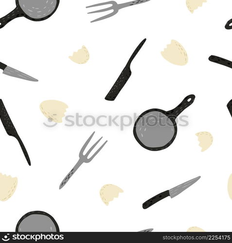 Fried eggs seamless pattern. Broken egg, fork, frying pan, table knife. Food background. Creative design for fabric, textile print, surface, wrapping, cover. Vintage vector illustration. Fried eggs seamless pattern. Food background.