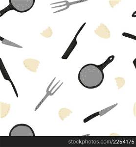 Fried eggs seamless pattern. Broken egg, fork, frying pan, table knife. Food background. Creative design for fabric, textile print, surface, wrapping, cover. Vintage vector illustration. Fried eggs seamless pattern. Food background.
