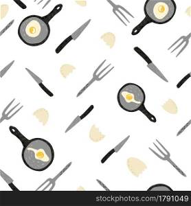 Fried eggs seamless pattern isolated on white background. Decorative backdrop for fabric design, textile print, wrapping, cover. Vector illustration. Fried eggs seamless pattern isolated on white background.