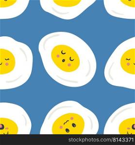 Fried eggs seamless pattern with cartoon funny faces. Cute characters print with happy emotions. Kids meal vector illustration for decor and design.