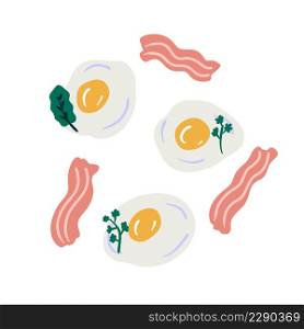 Fried eggs with bacon and greenery vector doodle pattern. Perfect for T-shirt, textile and print. Hand drawn vector illustration for decor and design.