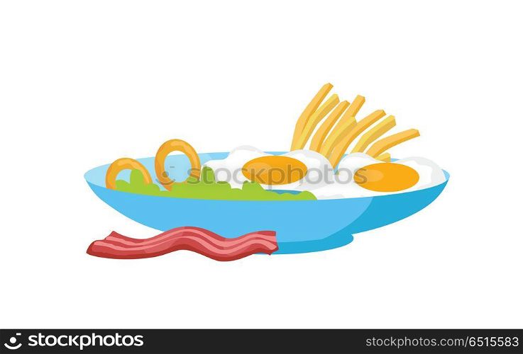 Fried Eggs with Bacon, Fries and Salad on the Plate. Fried eggs with bacon, fries and salad on the plate isolated on white. Traditional English breakfast. Two fresh cooked eggs with pork served on the dish. Nutrition food concept. Vector illustration