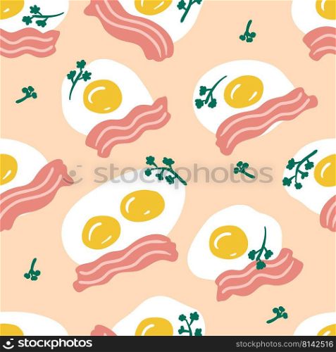 Fried eggs with bacon slices and parsley greens seamless pattern. Simple and great design for any purposes. Hand drawn vector illustration.