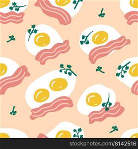 Fried eggs with bacon slices and parsley greens seamless pattern. Simple and great design for any purposes. Hand drawn vector illustration.