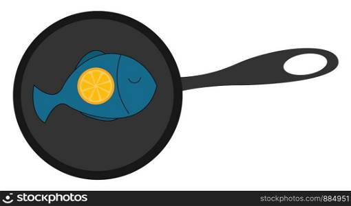 Fried fish in a pan with lemon, illustration, vector on white background.