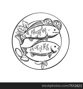 Fried fish on plate with fresh spicy herbs, lemon slices and onion rings. For seafood menu design, sketch style