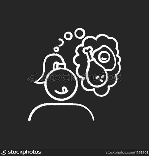 Fried food craving chalk icon. Woman thinking of fry egg and chicken thighs. Unhealthy eating habit. Girl hungry for fast food. Appetite for snack. Isolated vector chalkboard illustration