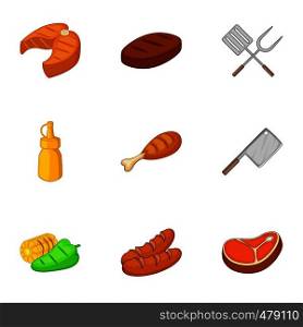 Fried food with kitchenware icons set. Cartoon set of 9 fried food with kitchenware vector icons for web isolated on white background. Fried food with kitchenware icons set