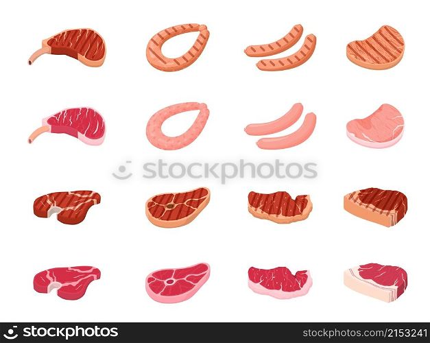 Fried meat. Flat cooking beef, fresh raw sirloin and bbq steak on dinner. Pork steaks and sausages, delicious meats food recent vector icons. Illustration beef and steak, food meal meat, fresh pork. Fried meat. Flat cooking beef, fresh raw sirloin and bbq steak on dinner. Pork steaks and sausages, delicious meats food recent vector icons