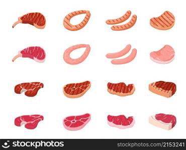 Fried meat. Flat cooking beef, fresh raw sirloin and bbq steak on dinner. Pork steaks and sausages, delicious meats food recent vector icons. Illustration beef and steak, food meal meat, fresh pork. Fried meat. Flat cooking beef, fresh raw sirloin and bbq steak on dinner. Pork steaks and sausages, delicious meats food recent vector icons