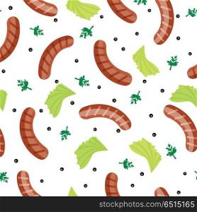 Fried Sausages Seamless Flat Pattern Vector. Fried sausages with salad and flavorings vector seamless pattern. Grilled bavarian sausages with greens and black pepper on white background. For wrapping paper, web, printing materials design