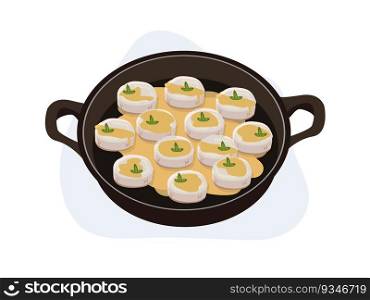 Fried scallops with butter sauce in a pan. seared sea scallops. cartoon vector illustration