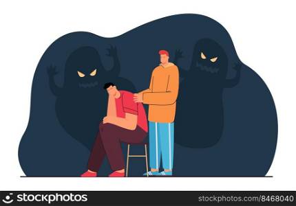 Friend comforting man  with anxiety or fear. Character suffering from nightmares, scary shadows flat vector illustration. Mental health, empathy concept for banner, website design or landing web page