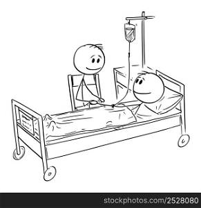Friend or son or father visiting patient in hospital , vector cartoon stick figure or character illustration.. Person Visiting Friend Who is Patient in Hospital , Vector Cartoon Stick Figure Illustration