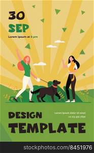Friend walking with pets, meeting and waving hello. Women with dog and cat outside flat vector illustration. Animal care, adoption, lifestyle concept for banner, website design or landing web page