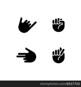 Friendly and aggressive gestures black glyph icons set on white space. Informative hand positions. Body language. Silhouette symbols. Solid pictogram pack. Vector isolated illustration. Friendly and aggressive gestures black glyph icons set on white space