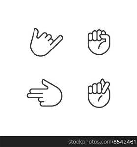 Friendly and aggressive gestures pixel perfect linear icons set. Hand positions. Body language. Customizable thin line symbols. Isolated vector outline illustrations. Editable stroke. Friendly and aggressive gestures pixel perfect linear icons set