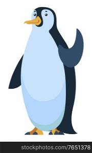 Friendly animal waving flippers. Isolated penguin animal of arctic places. Hairy animal with paw. Winter character with beak. North or antarctic fauna. Cheerful personage vector in flat style. Penguin Bird with Smooth Feathers Gesturing Animal