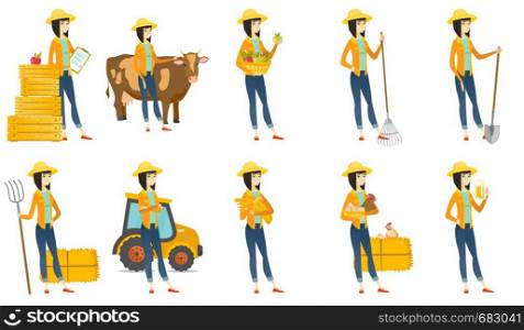 Friendly asian farmer standing with gardening rake. Full length of young smiling farmer in summer hat holding a gardening rake. Set of vector flat design illustrations isolated on white background.. Vector set of illustrations with farmer characters