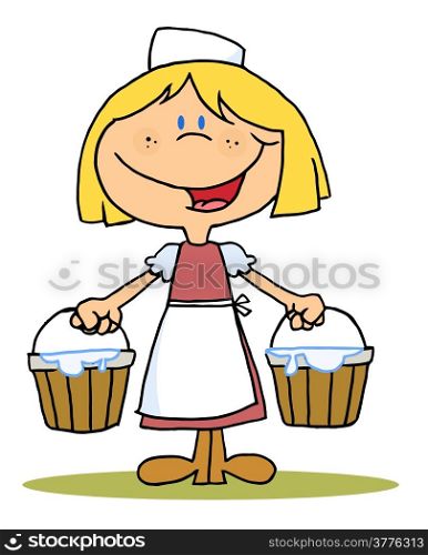 Friendly Blond Maid Carrying Milk Buckets