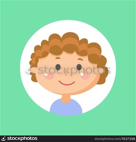 Friendly boy vector, isolated kid in frame in shape of circle. Child with smile on face, smiling kiddo wearing blue shirt. Schoolboy with glowing cheeks. Cute Boy Kid, Male Child with Curly Hairstyle