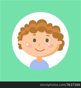 Friendly boy vector, isolated kid in frame in shape of circle. Child with smile on face, smiling kiddo wearing blue shirt. Schoolboy with glowing cheeks. Cute Boy Kid, Male Child with Curly Hairstyle